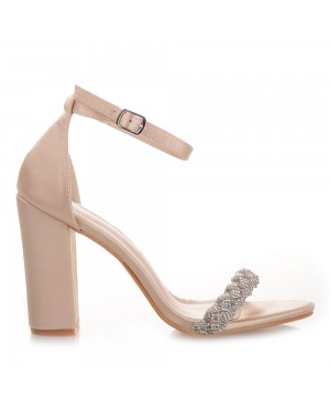 Beige Satin Heeled Sandals with Strass Famous
